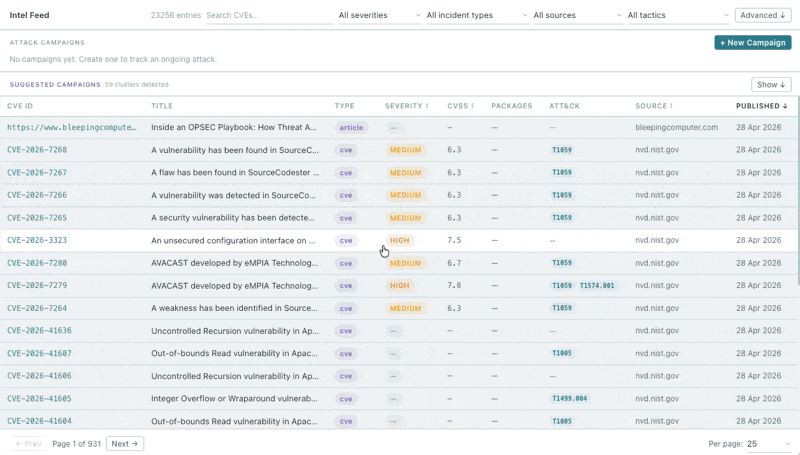 Animated demo of the supply chain intel feed with CVE matching